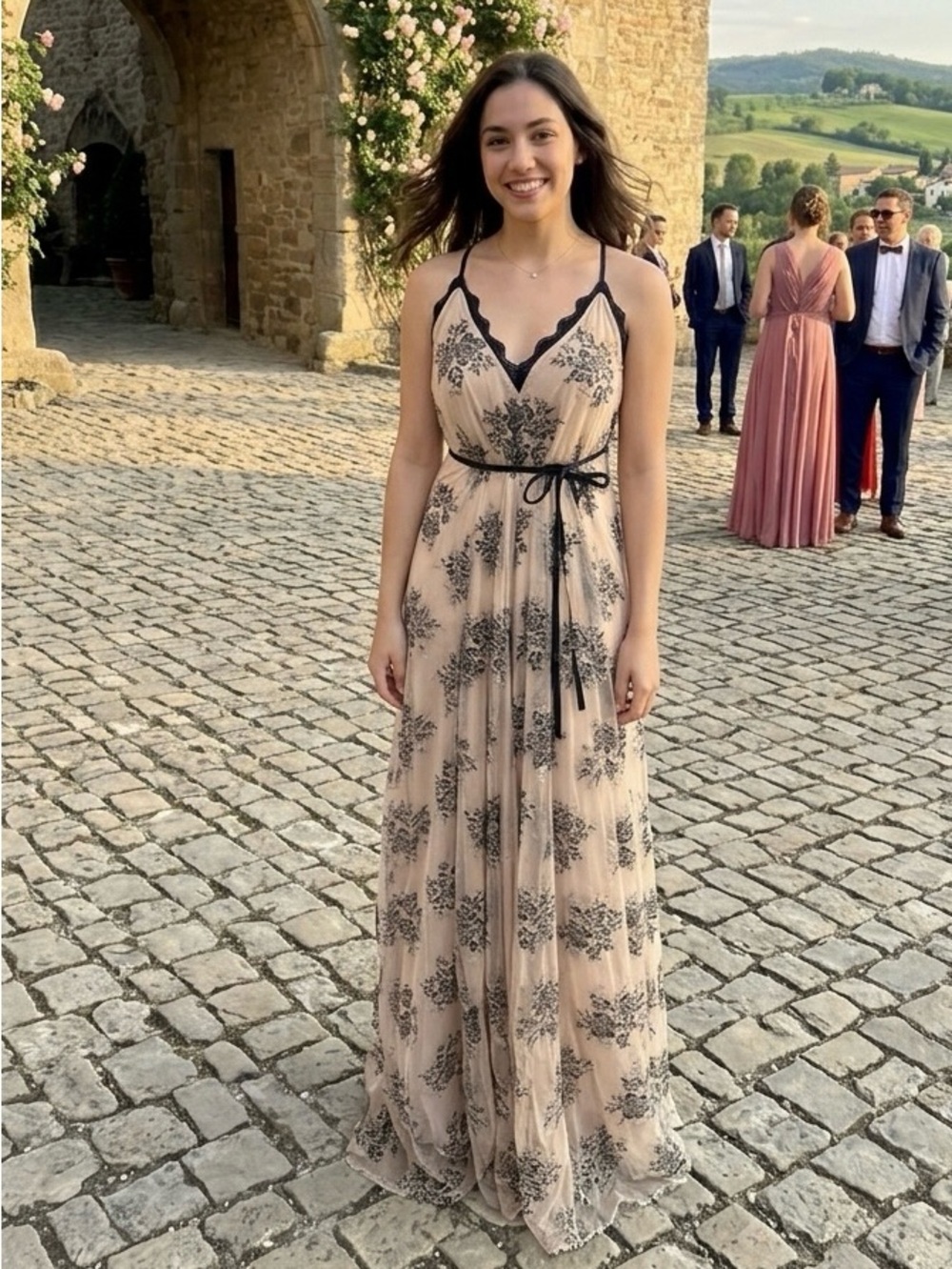 Minuet Romantic Black Floral Lace Nude Sheath Gown | Strappy Back S